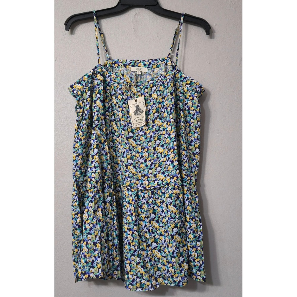 Easel Los Angeles Floral Cold Shoulder Tiered Ruffle Cami Top Blue Yellow M